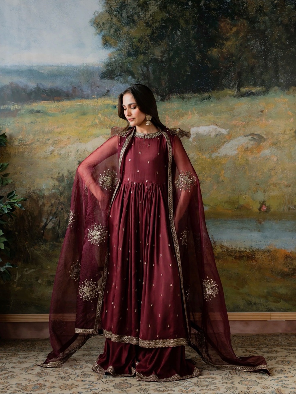 Maroon Embroidered Women’s Anarkali Dress with Sheer Dupatta